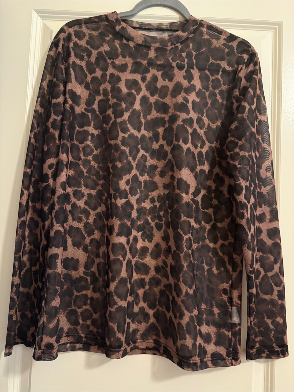 Women's Long Sleeve Leopard Print Mesh Top - Brown/Black